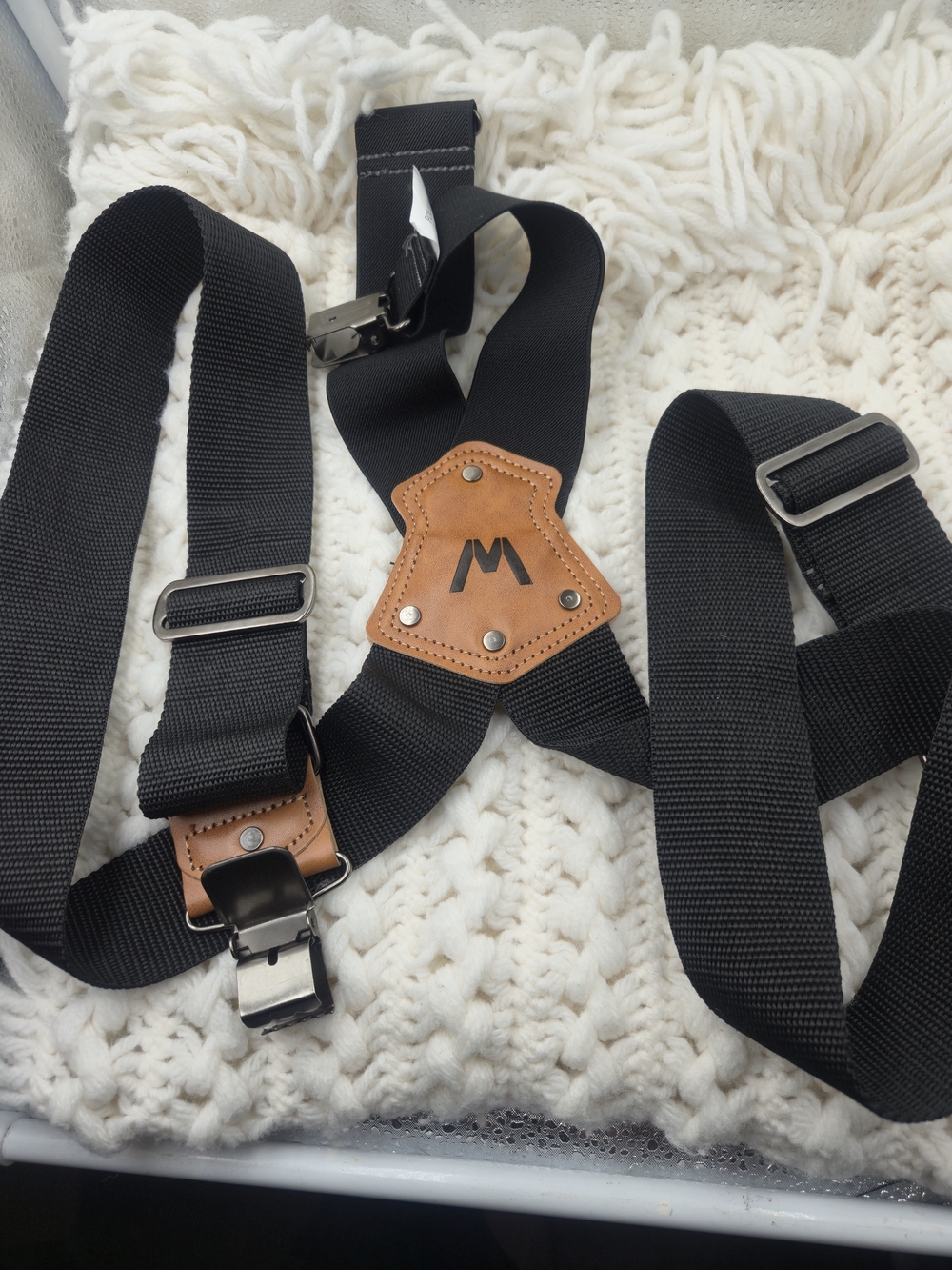 Logo Black Elastic en’s Suspenders with Brown Leather Accent